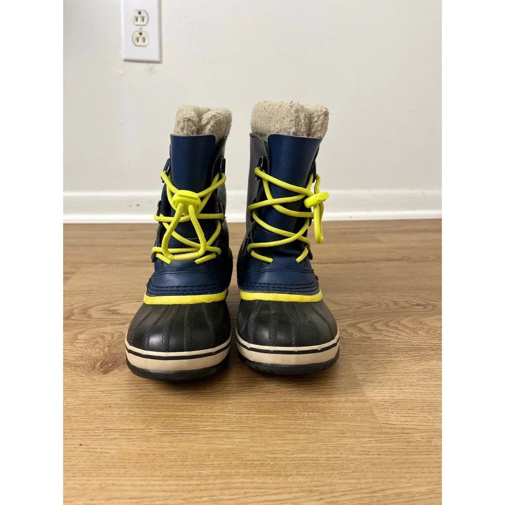 Sorel Winter Waterproof Snow Boots Kids 1 Navy Blue‎ Yellow Yoot Pac NY1443-591